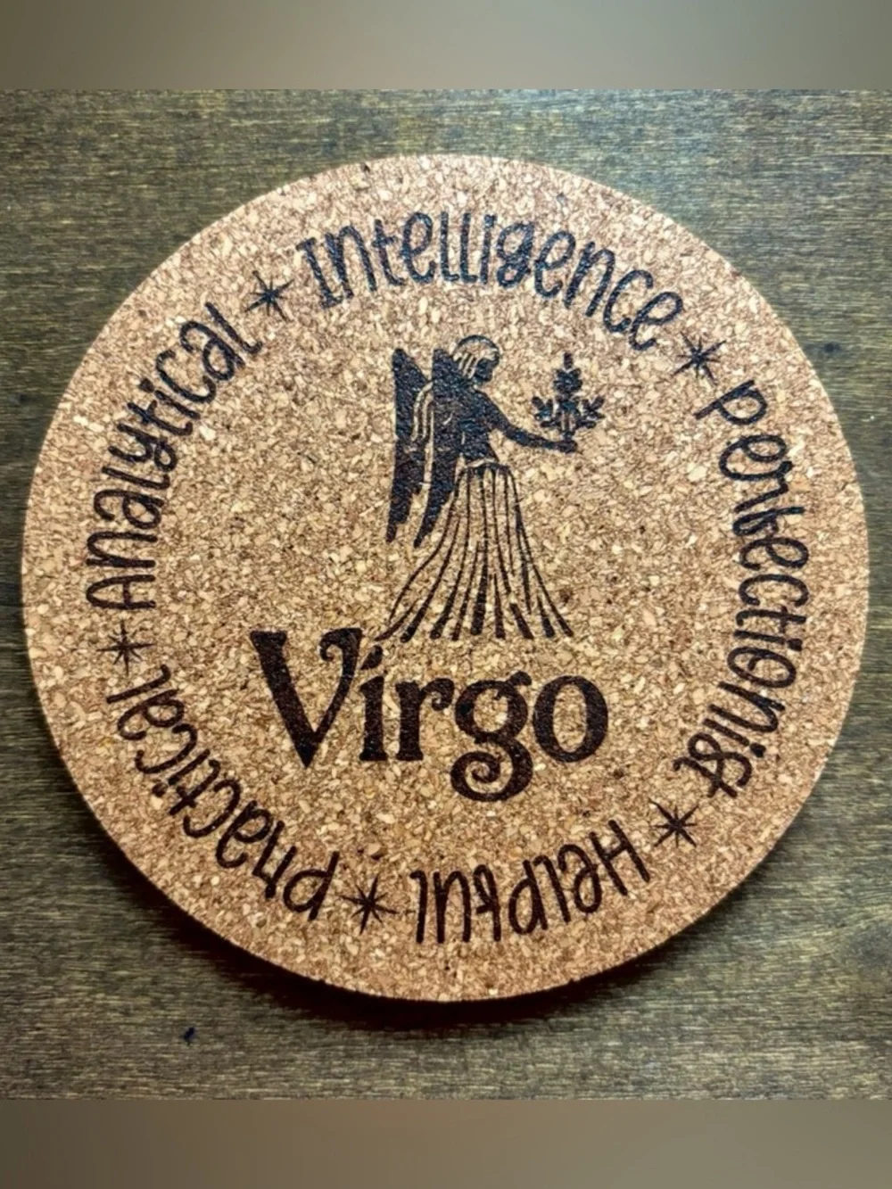 Virgo Zodiac Sign Encircled Laser Engraved Cork Coaster